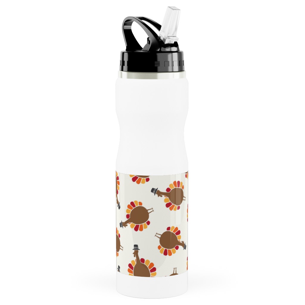 Turkey Toss - Cream Stainless Steel Water Bottle with Straw, 25oz, With Straw, Brown