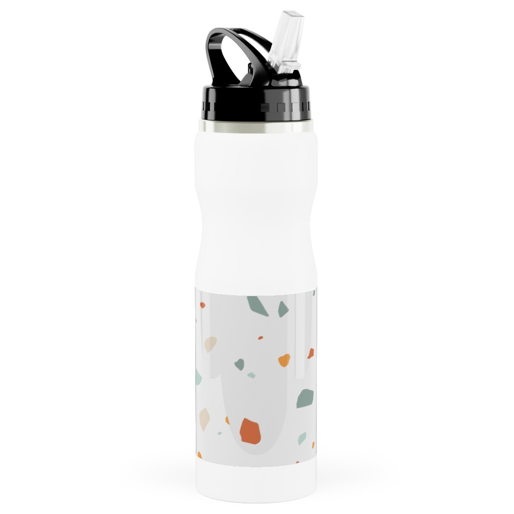 Terrazzo - Green and Orange on Cream Stainless Steel Water Bottle with Straw, 25oz, With Straw, Beige