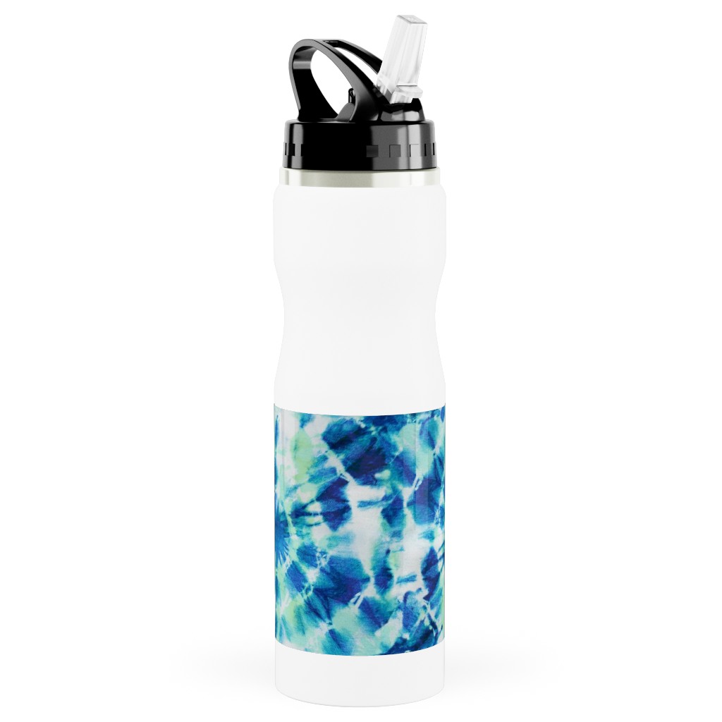 Ink Splat Indigo and Green Tie Dye Stainless Steel Water Bottle with Straw, 25oz, With Straw, Blue, True Blue