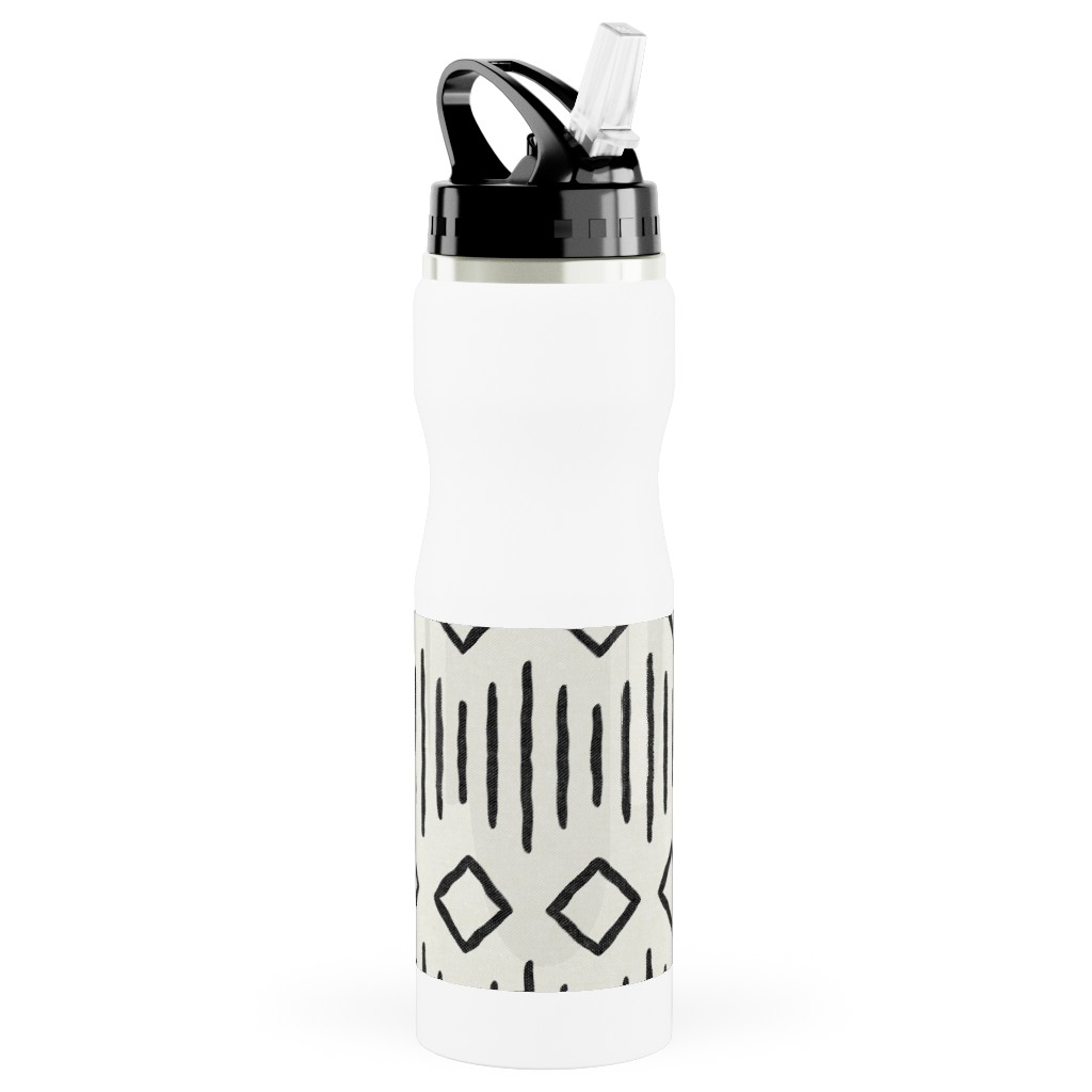 Diamond Fall - Mud Cloth - Onyx on Bone - Mudcloth Farmhouse Tribal - Lad19bs Stainless Steel Water Bottle with Straw, 25oz, With Straw, Beige