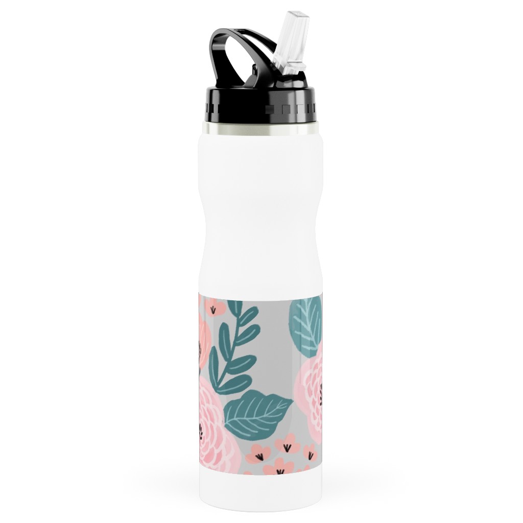 June Botanicals - Gray Stainless Steel Water Bottle with Straw, 25oz, With Straw, Pink, Bright Pink