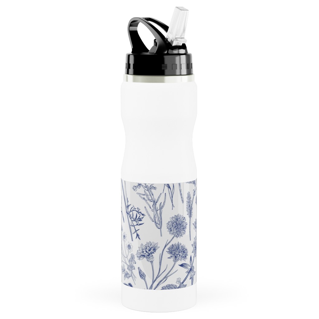 Wild Flowers - Blue Stainless Steel Water Bottle with Straw, 25oz, With Straw, Blue