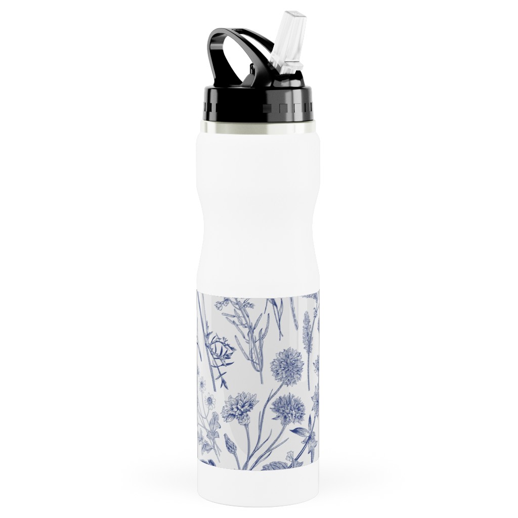 Wild Flowers - Blue Stainless Steel Water Bottle with Straw, 25oz, With Straw, Blue, True Blue