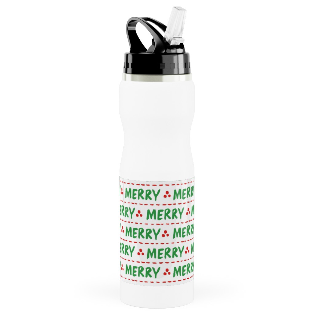 Hand Lettered Merry Stainless Steel Water Bottle with Straw, 25oz, With Straw, Green