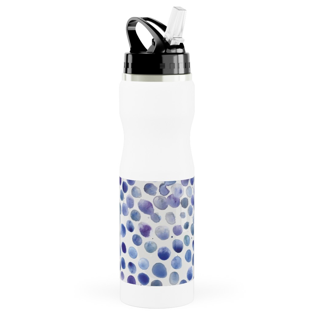 Watercolor Finger Dots - Blue Stainless Steel Water Bottle with Straw, 25oz, With Straw, Blue