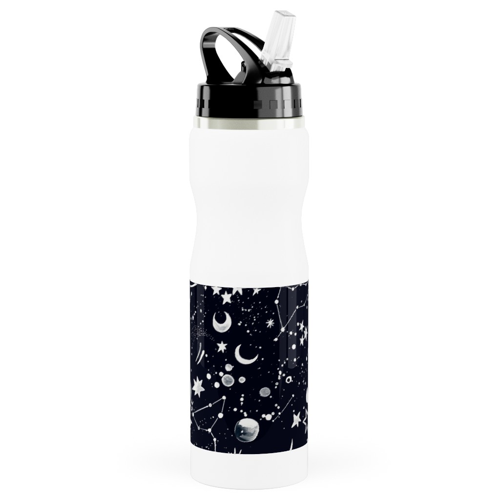 Constellations - Black Stainless Steel Water Bottle with Straw, 25oz, With Straw, Black