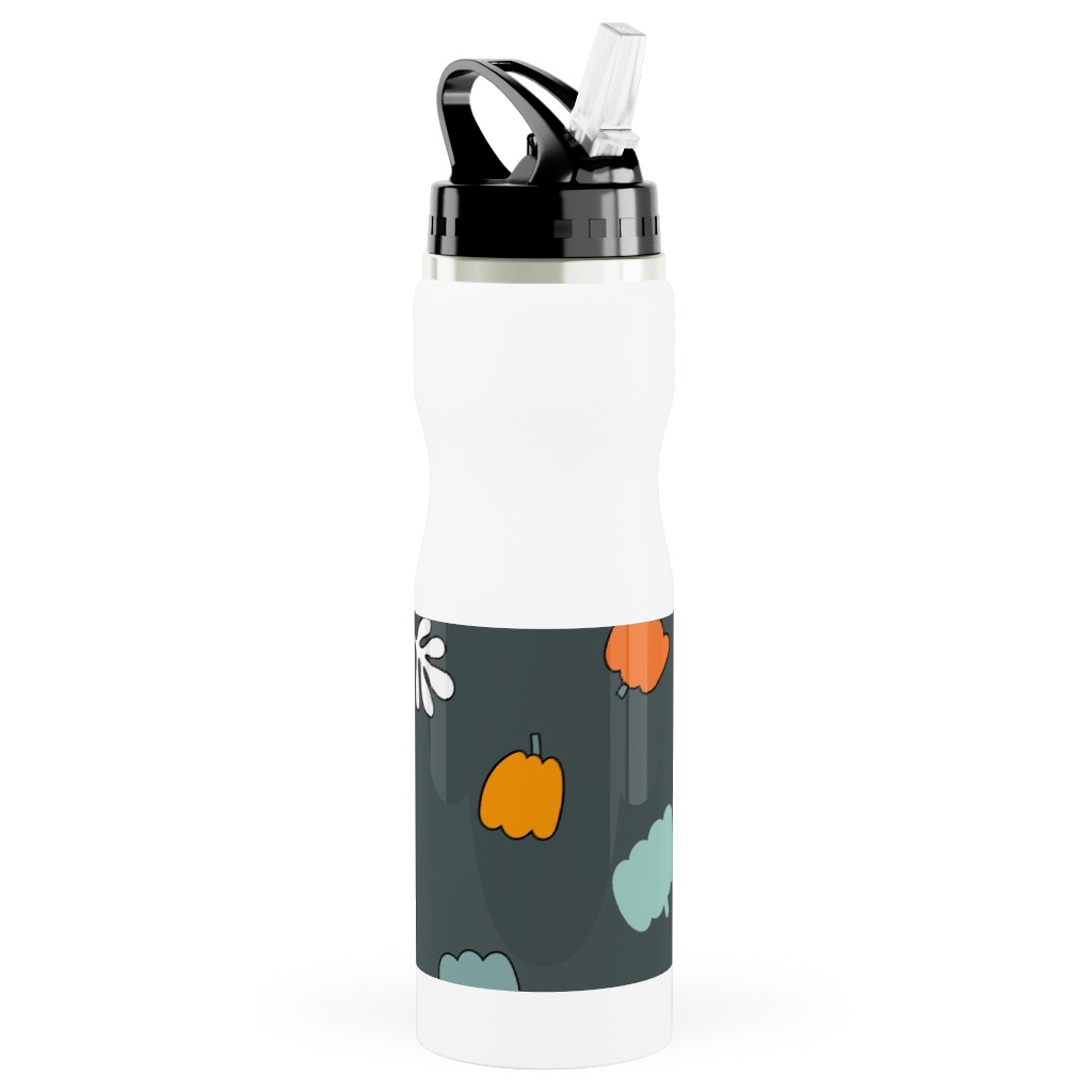 Autumn Harvest Vegetables - Dark Stainless Steel Water Bottle with Straw, 25oz, With Straw, Green