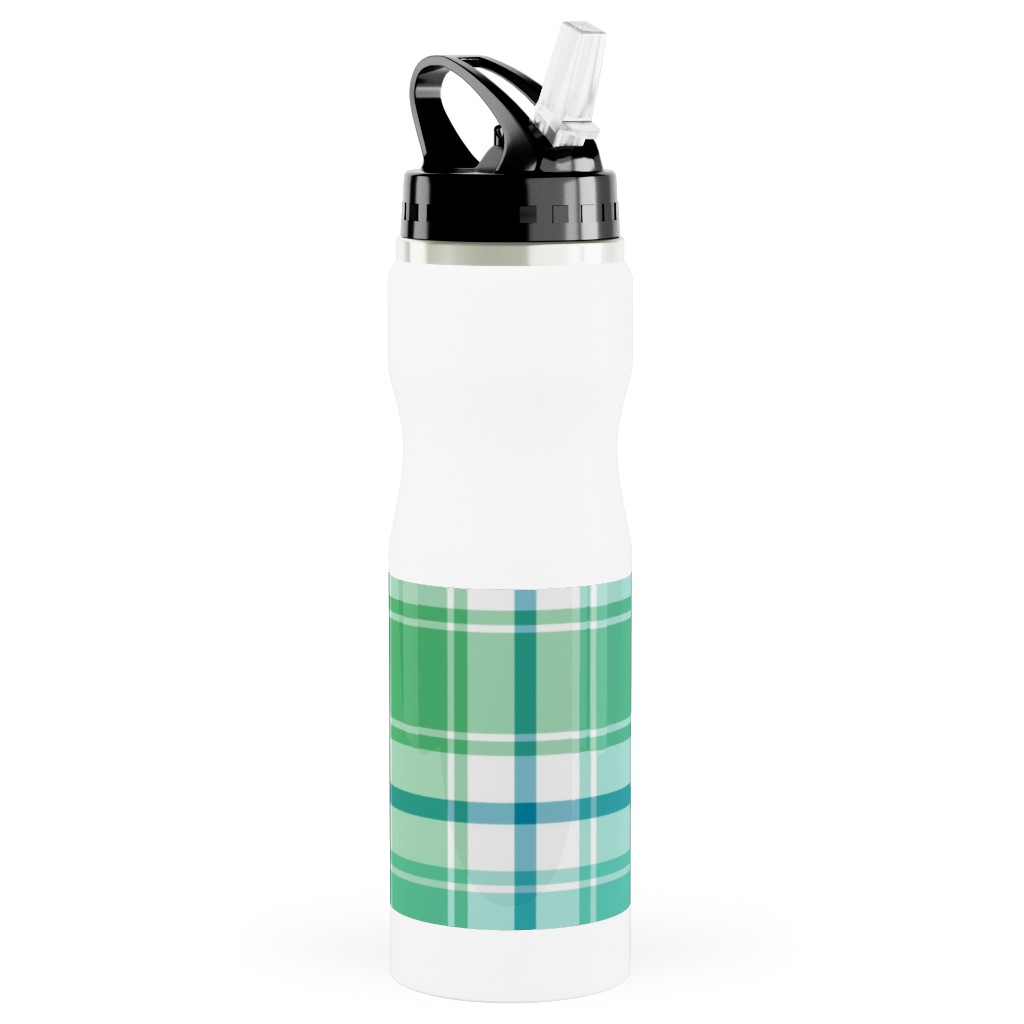 Blue, Green, Turquoise, and White Plaid Stainless Steel Water Bottle with Straw, 25oz, With Straw, Green, Classic Green