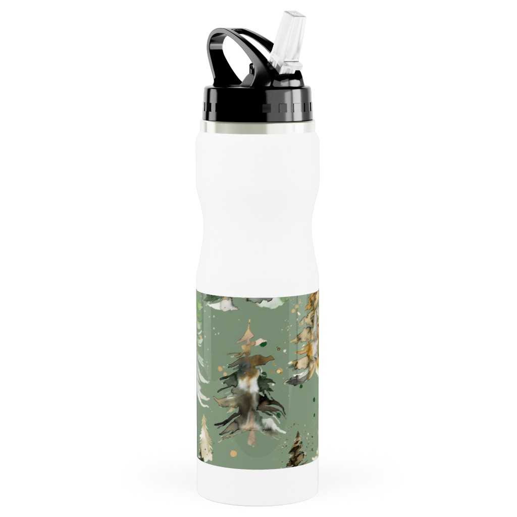 Watercolor Pines and Spruces Christmas - Green Stainless Steel Water Bottle with Straw, 25oz, With Straw, Green, Classic Green