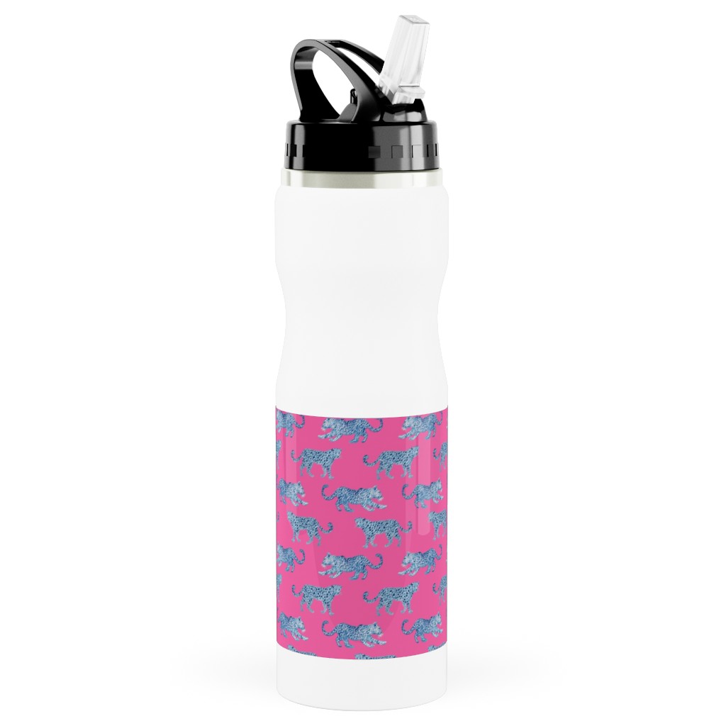 Tiny Leopard Parade - Blue on Hot Pink Stainless Steel Water Bottle with Straw, 25oz, With Straw, Pink, Bright Pink