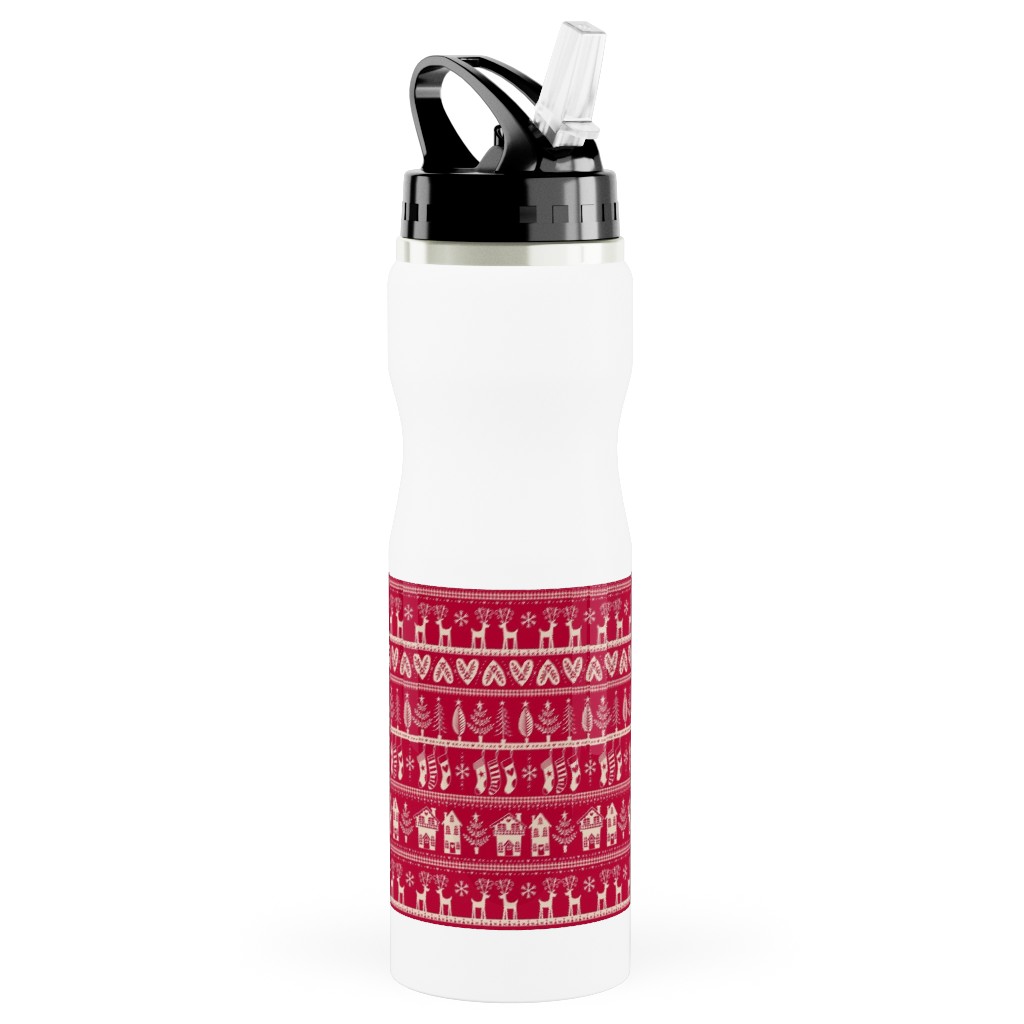 Nordic Vintage Christmas Stainless Steel Water Bottle with Straw, 25oz, With Straw, Red