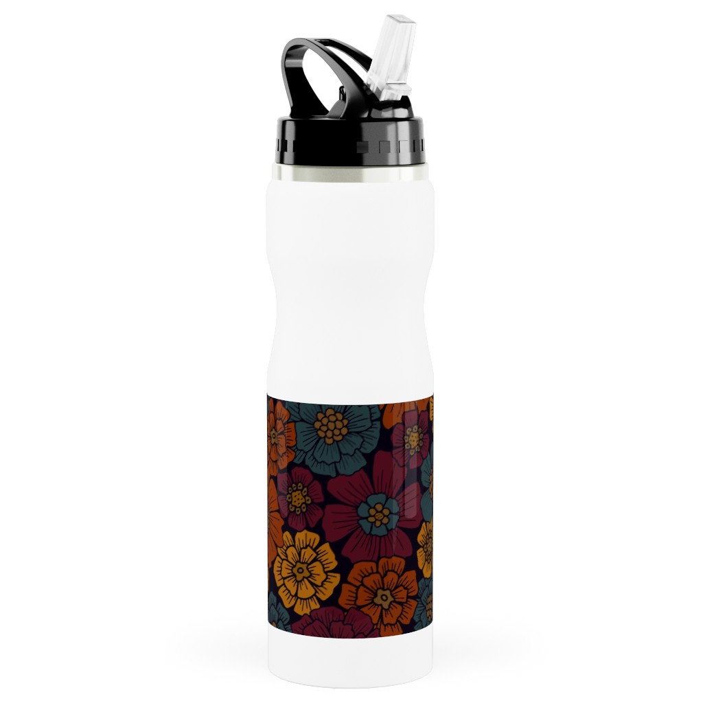 Burgundy, Rust, Mustard & Teal Floral Stainless Steel Water Bottle with Straw, 25oz, With Straw, Red