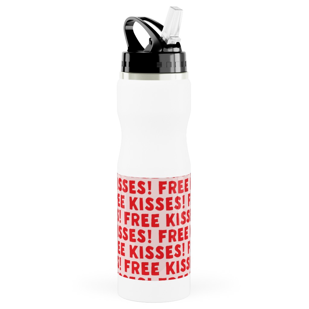 Free Kisses! - Red on Pink Stainless Steel Water Bottle with Straw, 25oz, With Straw, Red