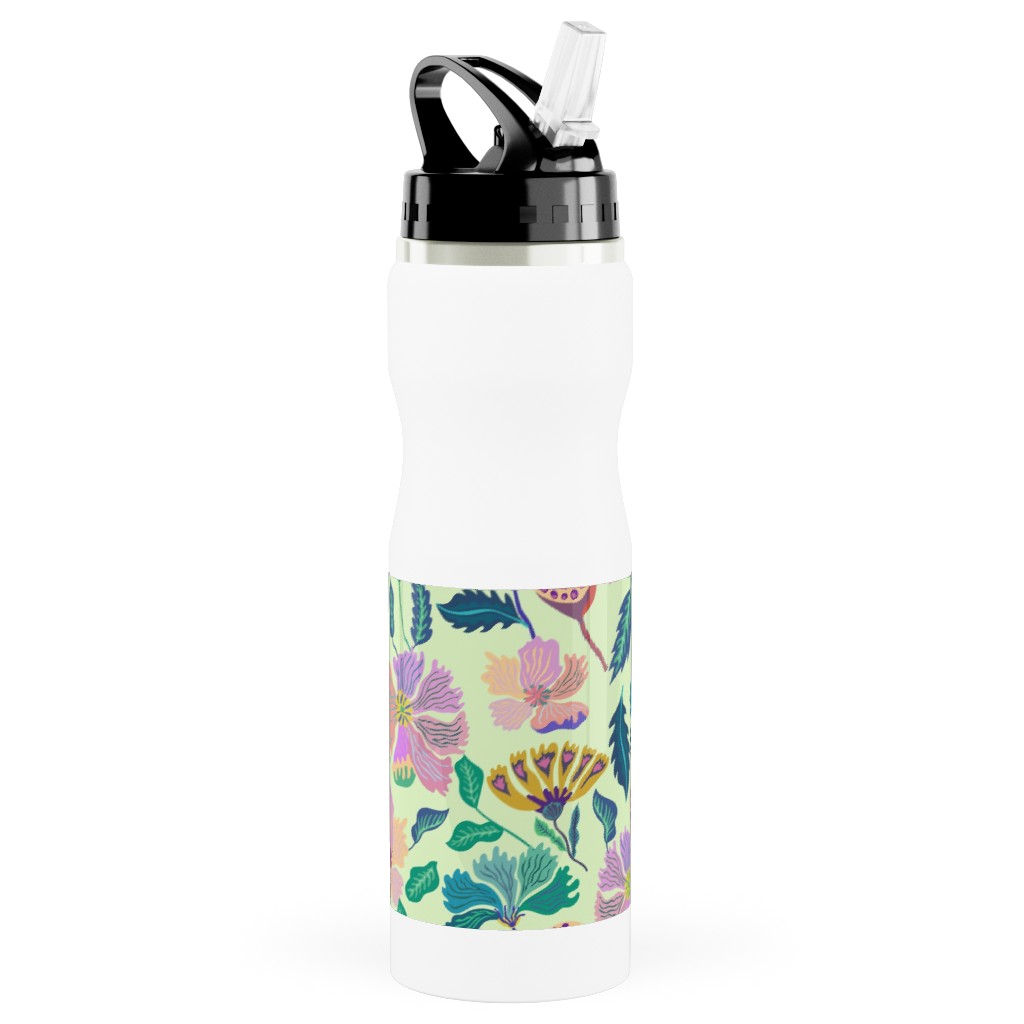 Indian Florals - Light Green Stainless Steel Water Bottle with Straw, 25oz, With Straw, Multicolor