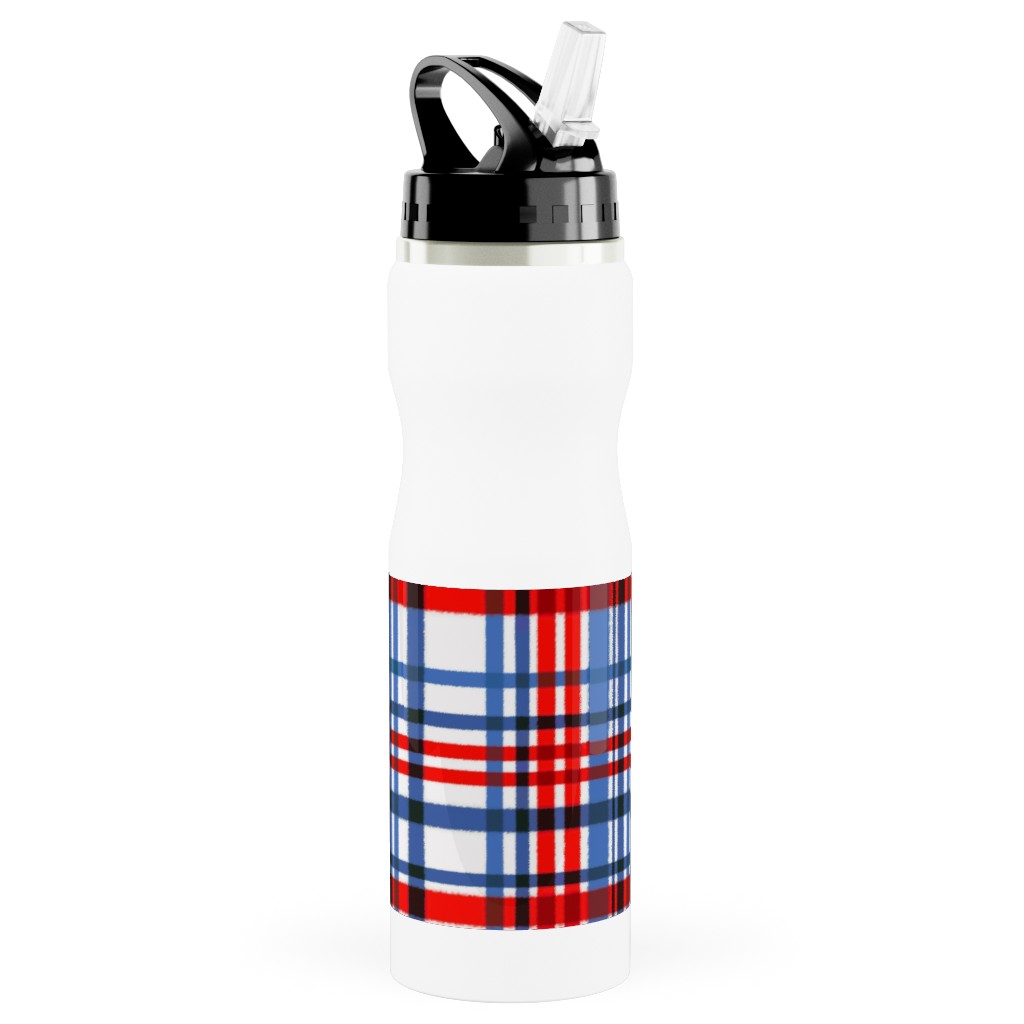Intricate Plaid Stainless Steel Water Bottle with Straw, 25oz, With Straw, Blue, Red