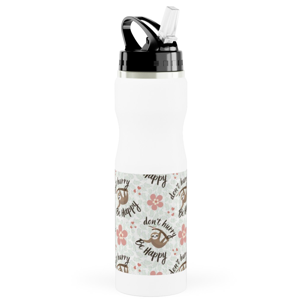 Don't Hurry Be Happy - Beige Stainless Steel Water Bottle with Straw, 25oz, With Straw, Beige