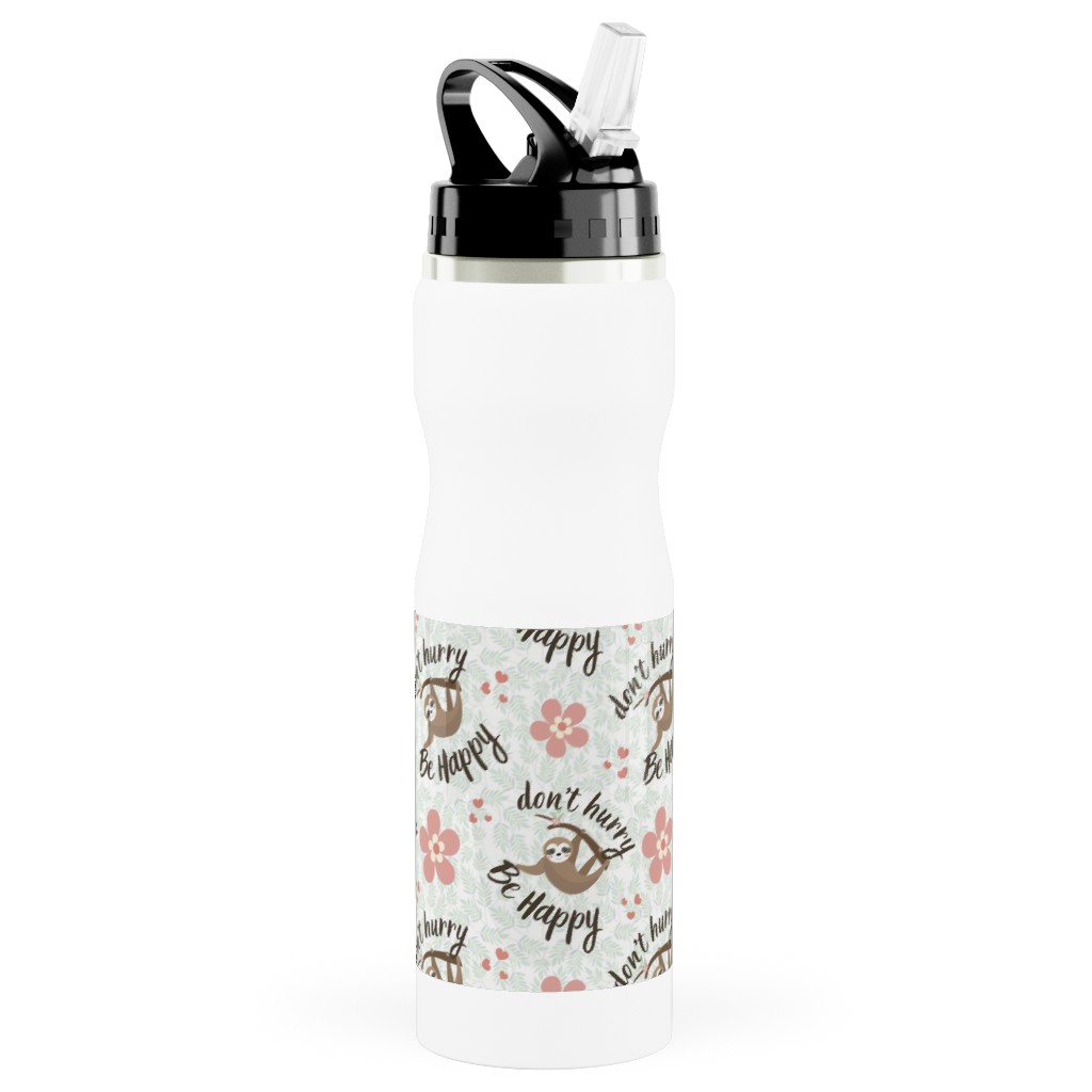 Don't Hurry Be Happy - Beige Stainless Steel Water Bottle with Straw, 25oz, With Straw, Beige, Pearl