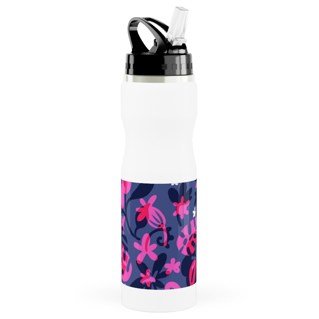 Tropical Floral - Fuchsia Stainless Steel Water Bottle with Straw, 25oz, With Straw, Pink