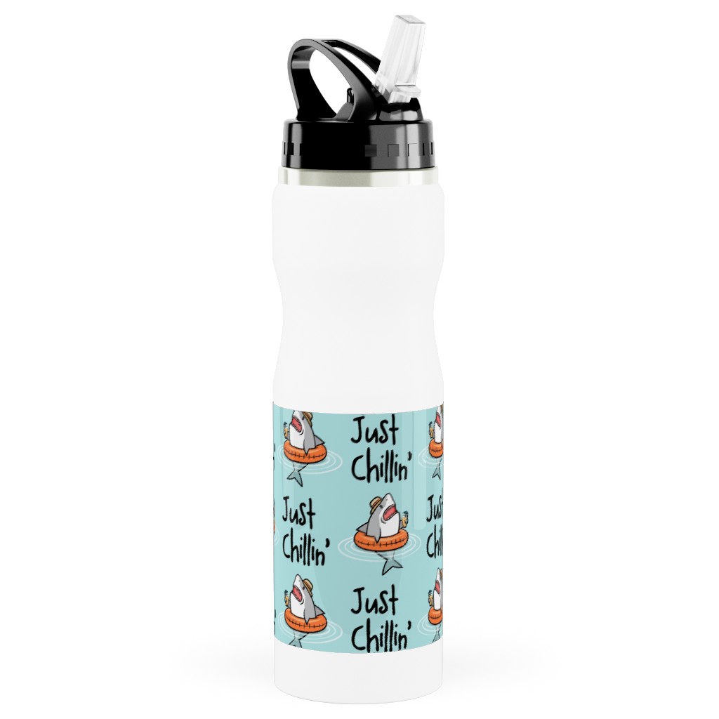 Just Chillin' - Pool Sharks - Aqua Stainless Steel Water Bottle with Straw, 25oz, With Straw, Blue