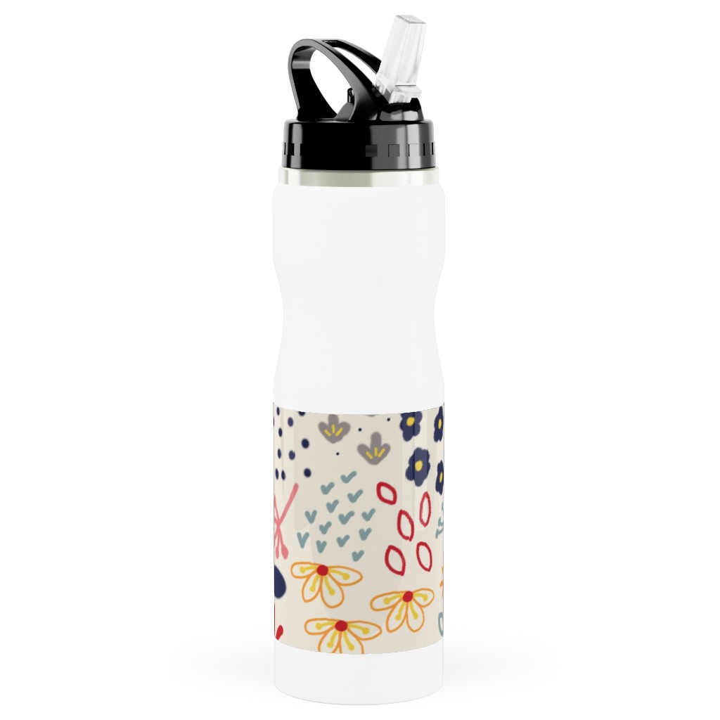 Summer Floral - Light Stainless Steel Water Bottle with Straw, 25oz, With Straw, Multicolor