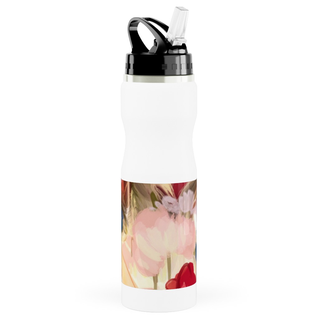 Painterly Abstract Floral Stainless Steel Water Bottle with Straw, 25oz, With Straw, Pink, Bright Pink