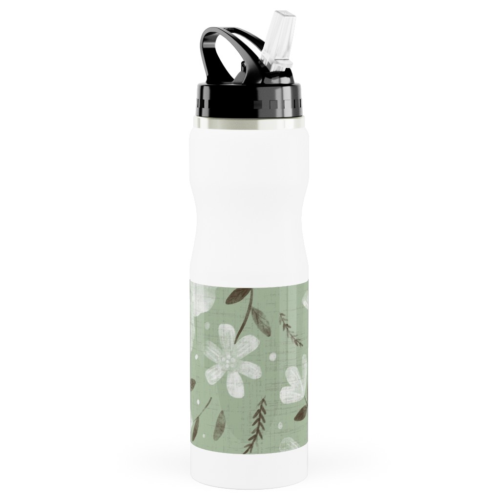 Charlotte Floral - Sage Stainless Steel Water Bottle with Straw, 25oz, With Straw, Green, Classic Green