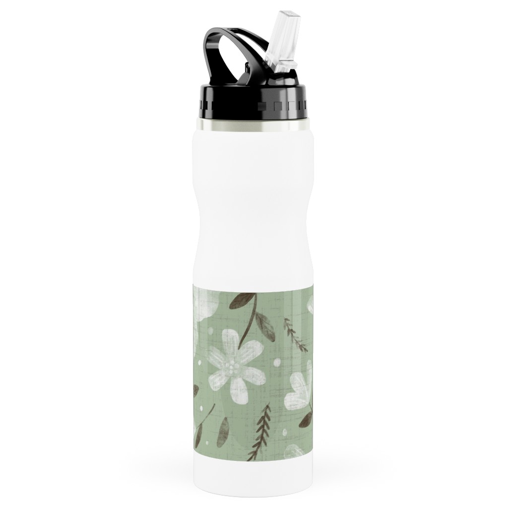 Charlotte Floral - Sage Stainless Steel Water Bottle with Straw, 25oz, With Straw, Green