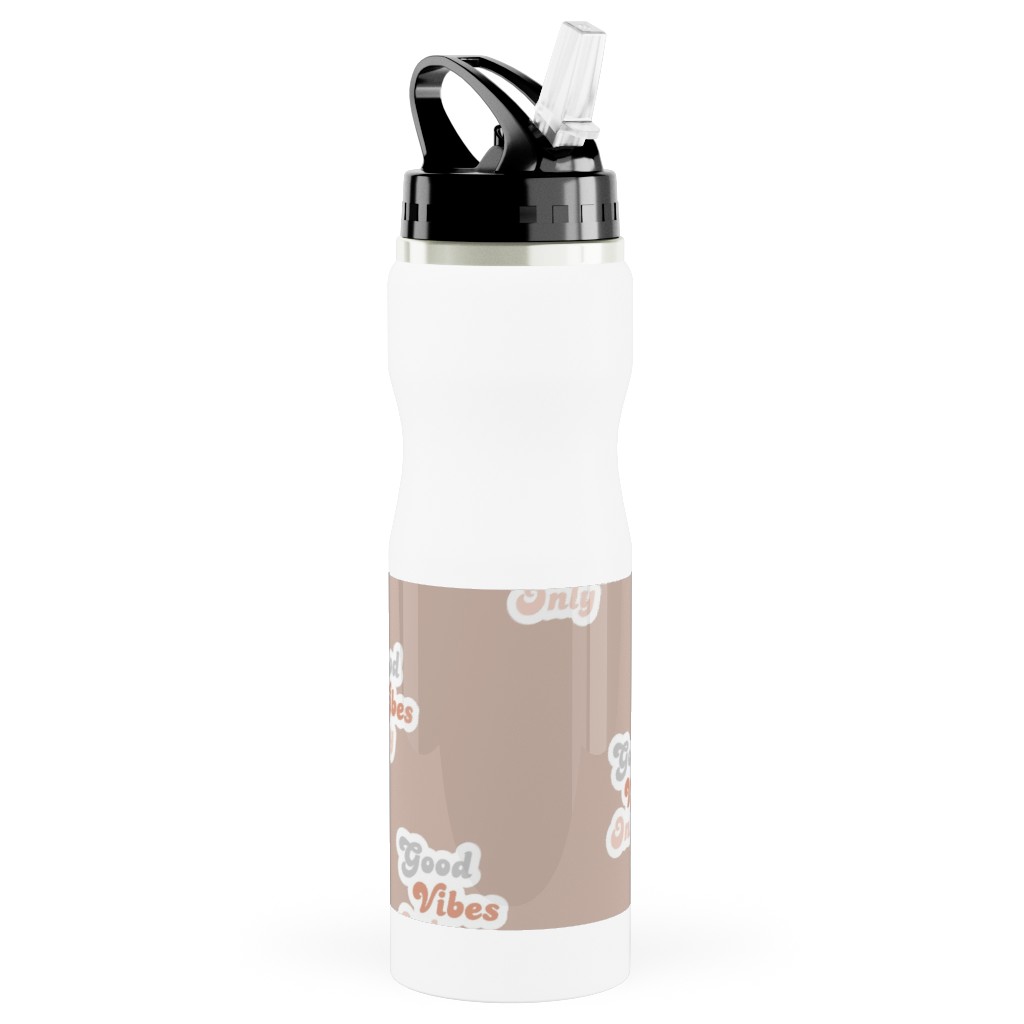 Seventies Retro Good Vibes Only Stainless Steel Water Bottle with Straw, 25oz, With Straw, Pink