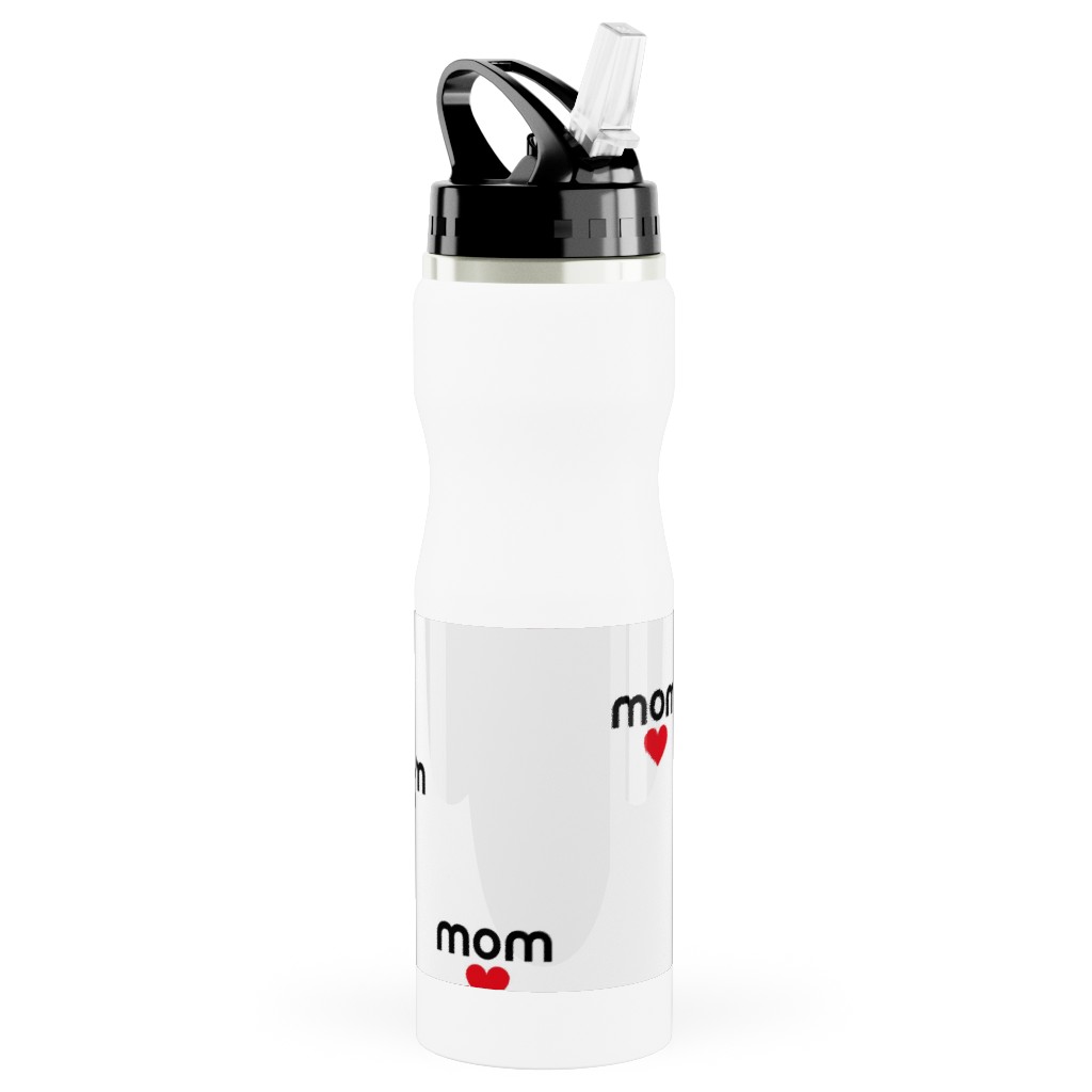 Mom Is Love - Hearts - Black White Red Stainless Steel Water Bottle with Straw, 25oz, With Straw, Red, Red
