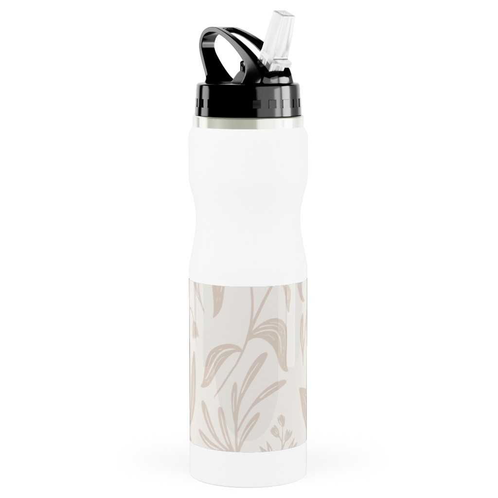 Wildflowers - Tan and Cream Stainless Steel Water Bottle with Straw, 25oz, With Straw, Beige, Pearl