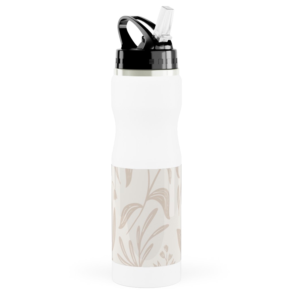 Wildflowers - Tan and Cream Stainless Steel Water Bottle with Straw, 25oz, With Straw, Beige