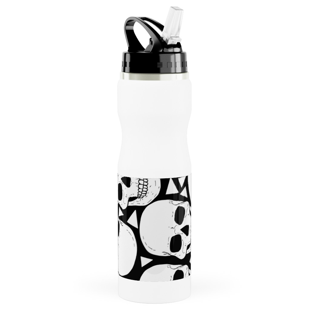 Skulls With Triangles - Black and White Stainless Steel Water Bottle with Straw, 25oz, With Straw, White