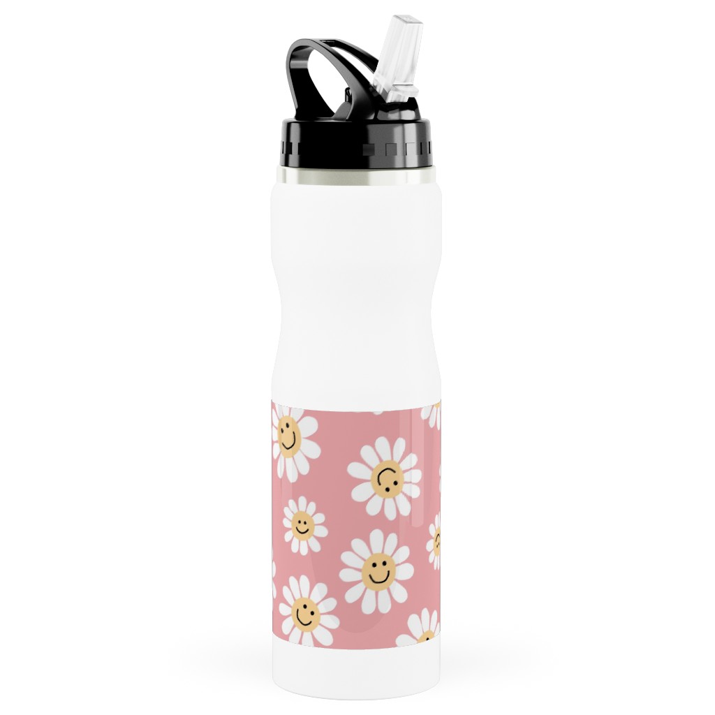 Smiley Daisy Flowers - Pink Stainless Steel Water Bottle with Straw, 25oz, With Straw, Pink, Bright Pink