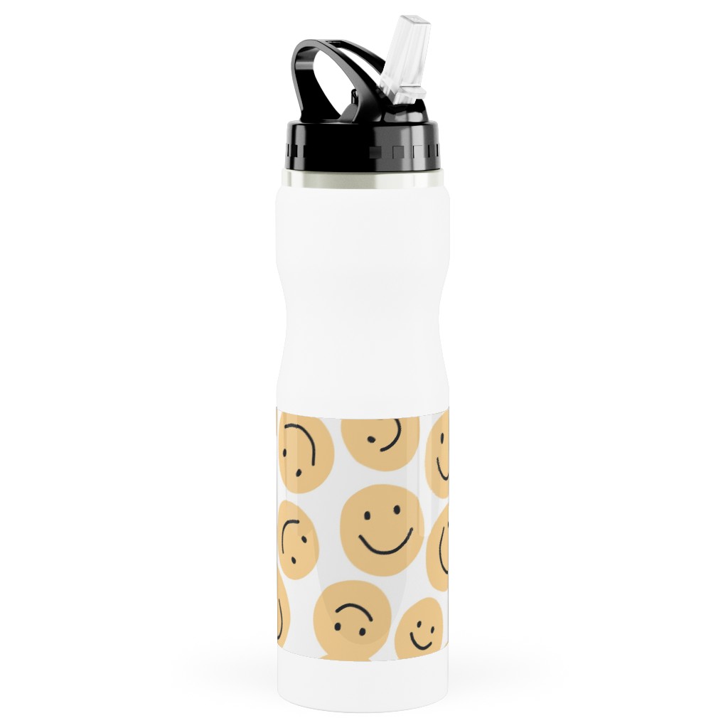 Happy Smiley Faces - Yellow Stainless Steel Water Bottle with Straw, 25oz, With Straw, Yellow