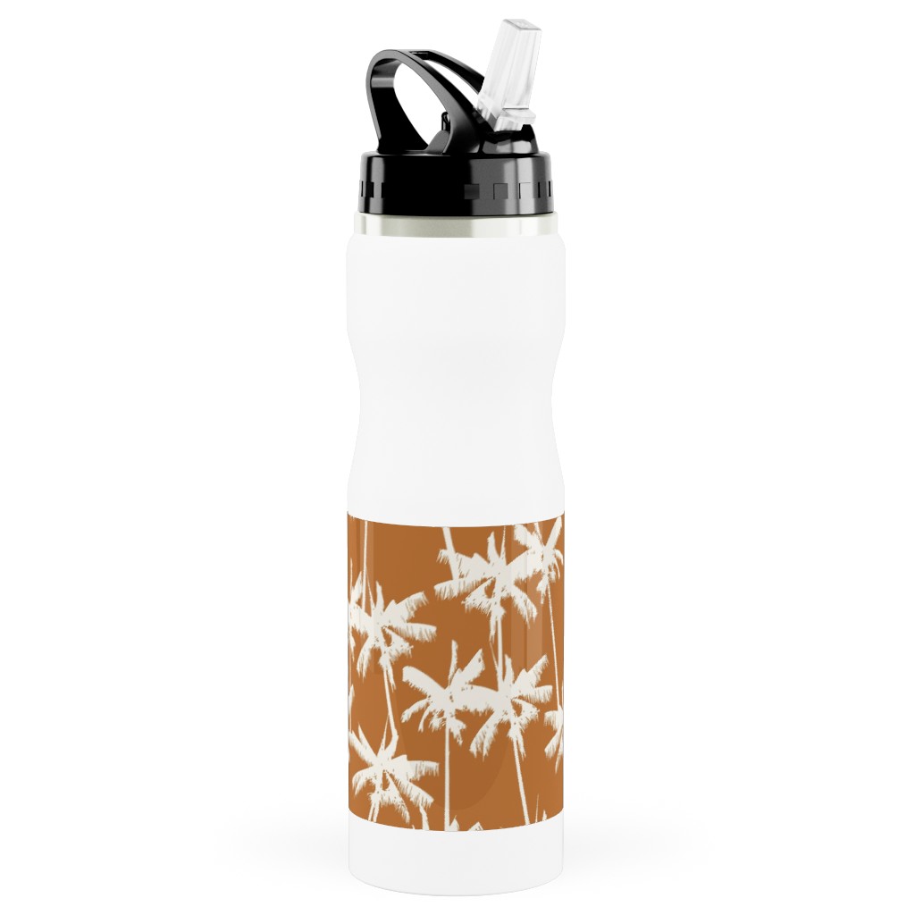 Tropical Palms - Burnt Orange Stainless Steel Water Bottle with Straw, 25oz, With Straw, Orange