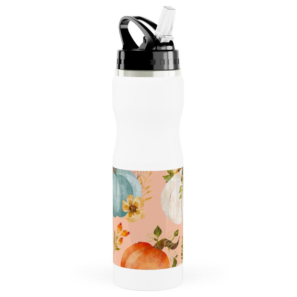 Rustic Farmhouse Pumpkins on Pale Peach Stainless Steel Water Bottle with Straw, 25oz, With Straw, Orange, Orange