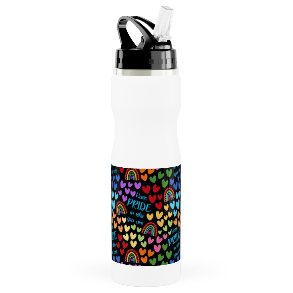 Have Pride in Who You Are Rainbows and Hearts Stainless Steel Water Bottle with Straw, 25oz, With Straw, Multicolor, Black