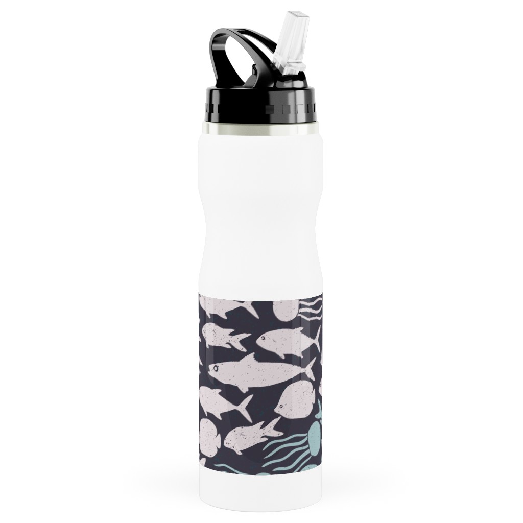 Fish School in Gray Aqua Dark Background Stainless Steel Water Bottle with Straw, 25oz, With Straw, Blue