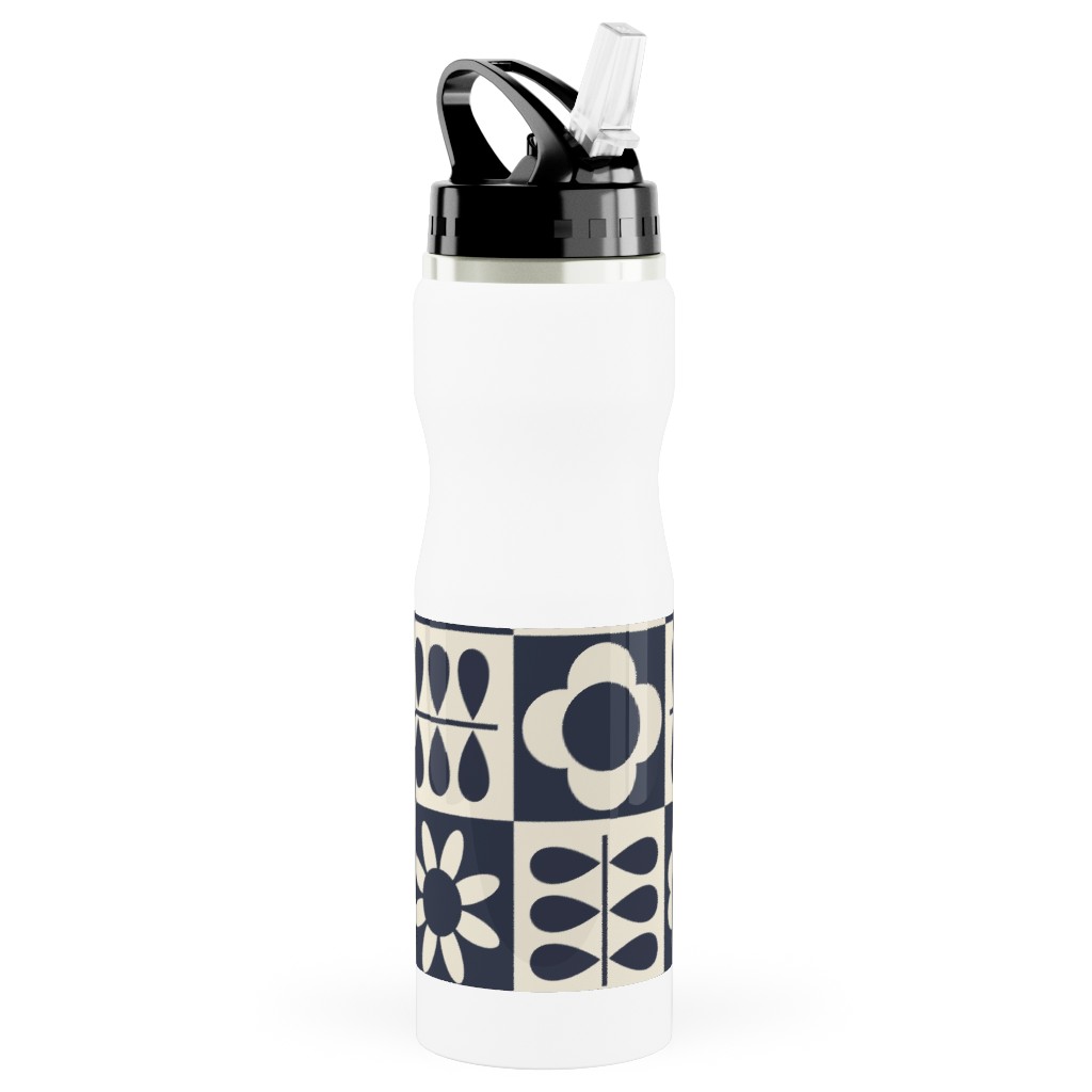 Scandinavian Checker Blooms - Off White and Navy Stainless Steel Water Bottle with Straw, 25oz, With Straw, Black