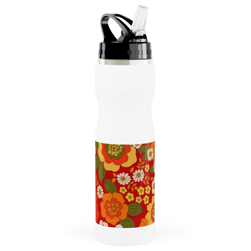 Vintage Flora - Red Stainless Steel Water Bottle with Straw, 25oz, With Straw, Orange