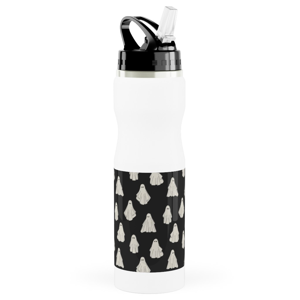 Spooky Halloween Vintage Ghosts - White on Black Stainless Steel Water Bottle with Straw, 25oz, With Straw, Black, Black