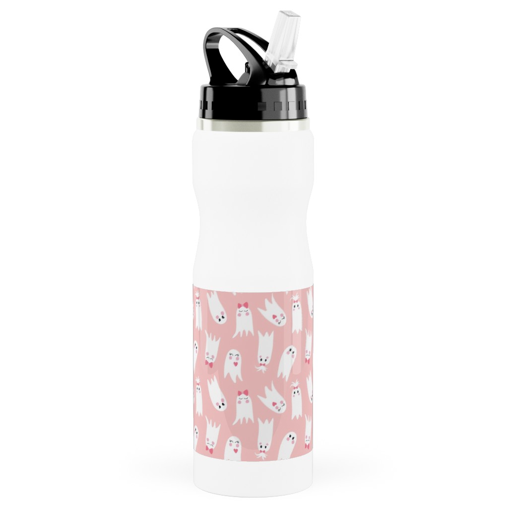 Sweet White Ghosts on Pink Stainless Steel Water Bottle with Straw, 25oz, With Straw, Pink