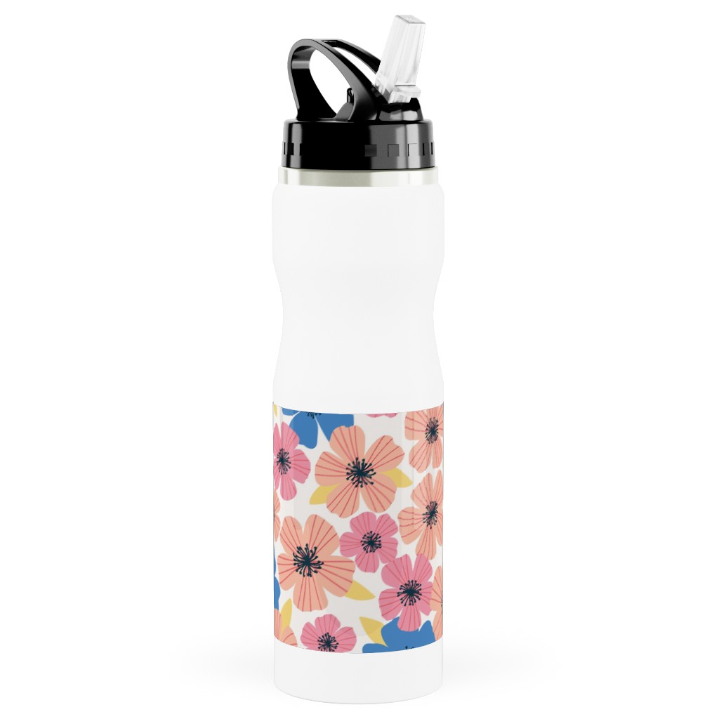 Flowerburst - Summer Mix Stainless Steel Water Bottle with Straw, 25oz, With Straw, Pink