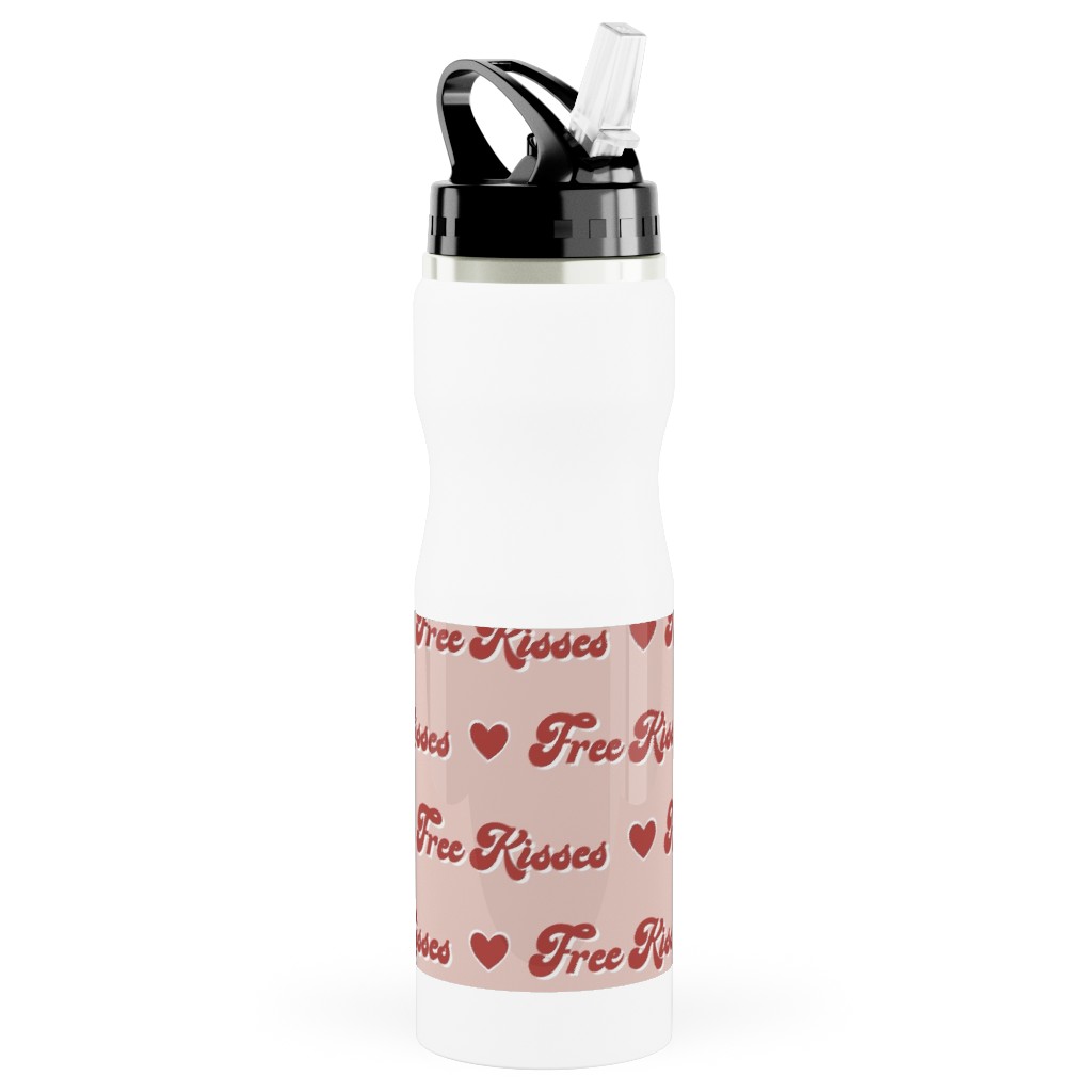 Free Kisses - Retro Hearts - Red on Pink Stainless Steel Water Bottle with Straw, 25oz, With Straw, Pink