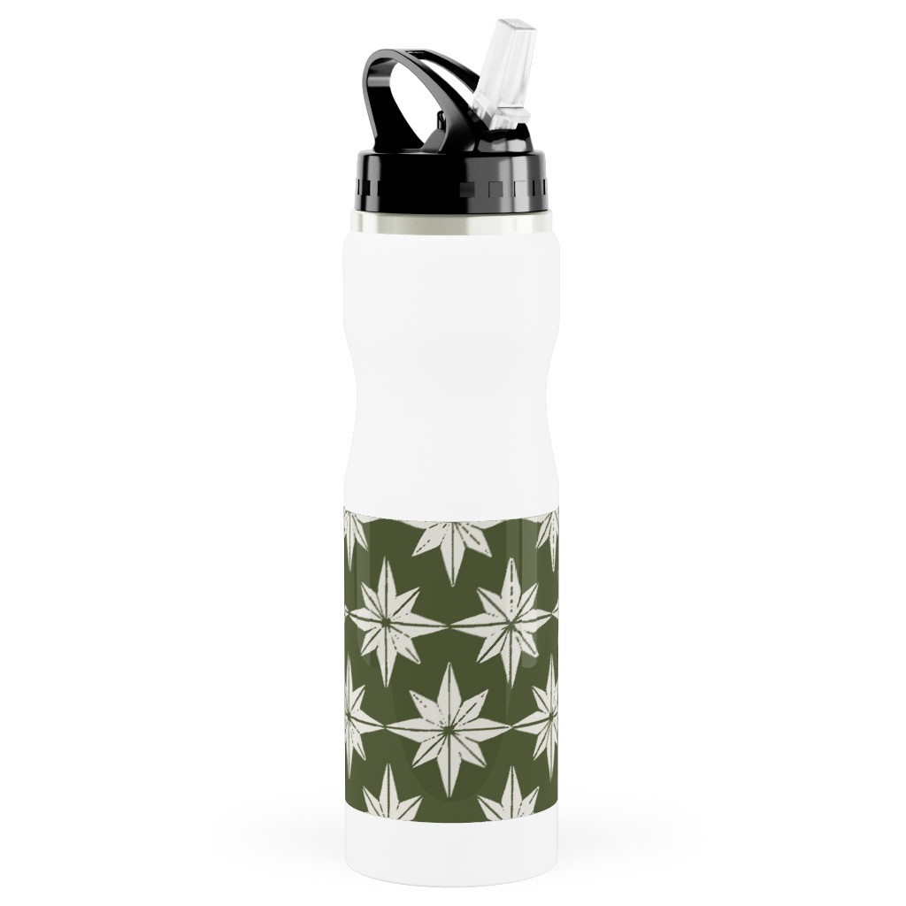 Christmas Star Tiles Stainless Steel Water Bottle with Straw, 25oz, With Straw, Green, Forest