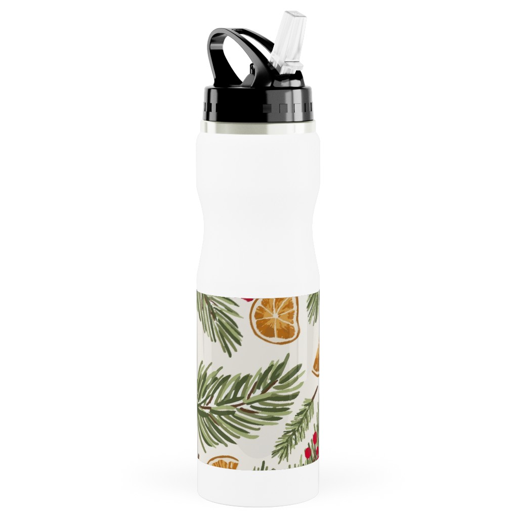 Festive Christmas Pine Sprigs and Orange Slices Stainless Steel Water Bottle with Straw, 25oz, With Straw, Multicolor