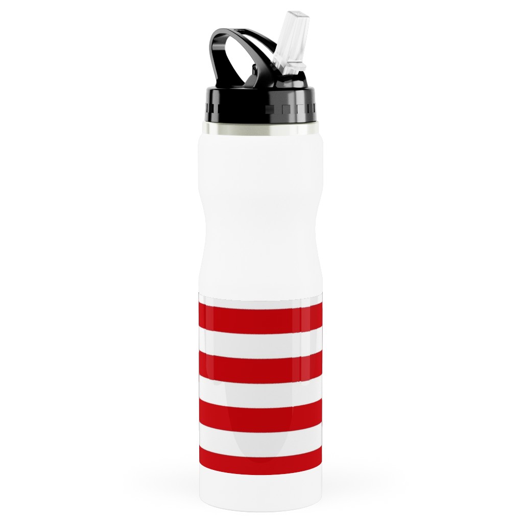 Simple Horizontal Stripe Stainless Steel Water Bottle with Straw, 25oz, With Straw, Red