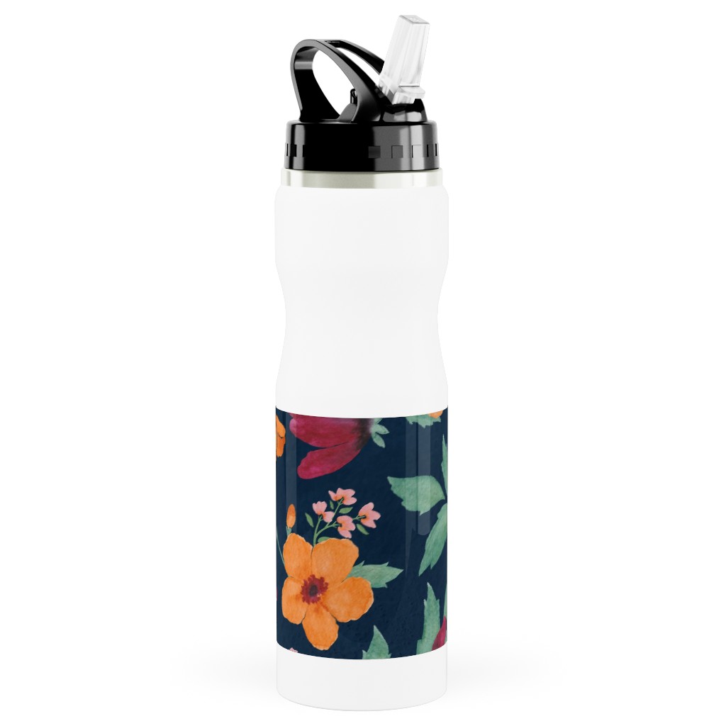 Watercolor Autumn Florals - Navy Stainless Steel Water Bottle with Straw, 25oz, With Straw, Multicolor