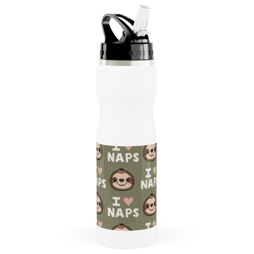 I Heart Naps - Cute Sloths - Olive Green Stainless Steel Water Bottle with Straw, 25oz, With Straw, Green