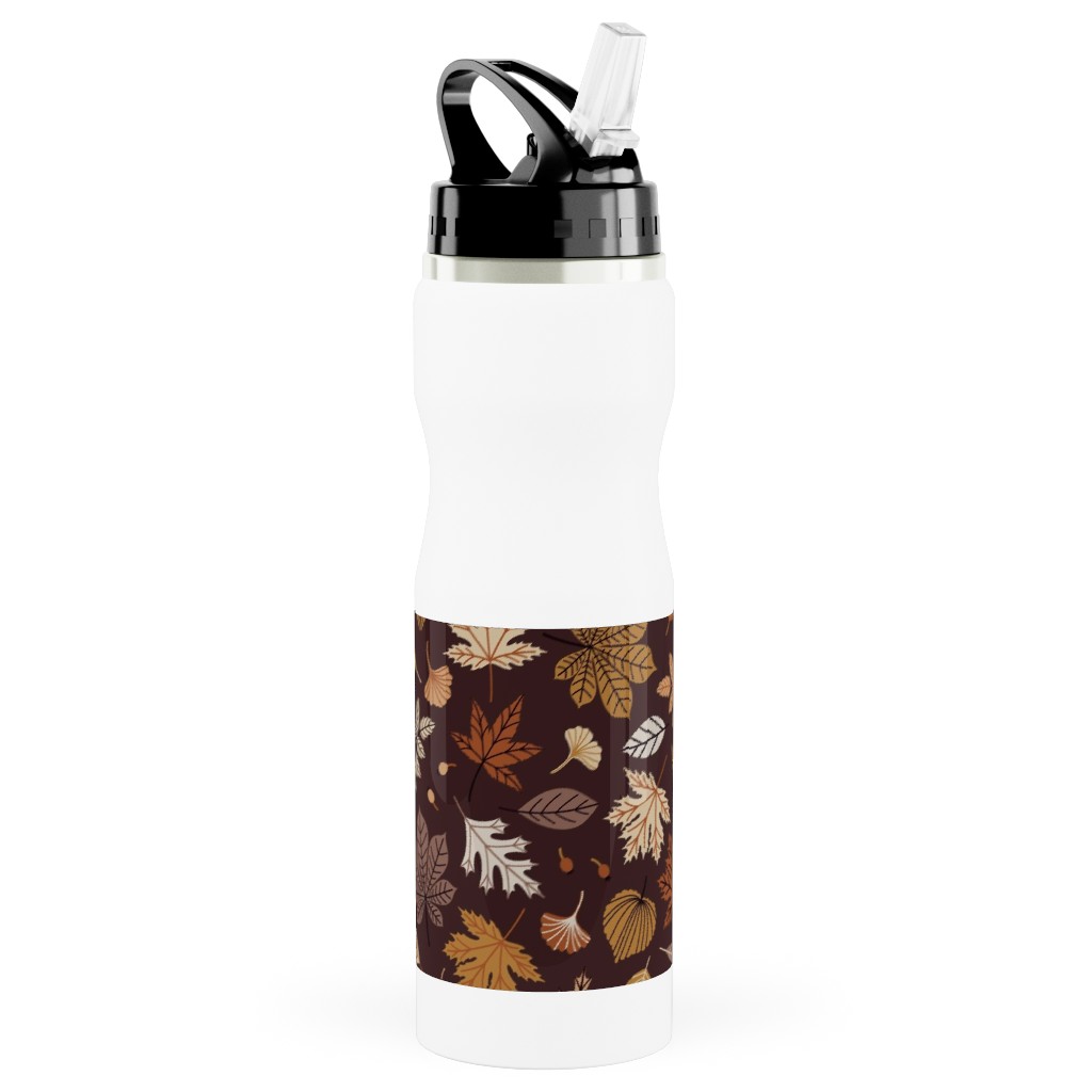 Falling Leaves - Brown Stainless Steel Water Bottle with Straw, 25oz, With Straw, Brown